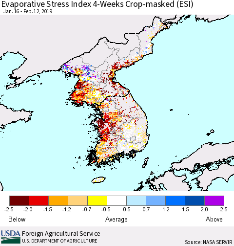 Korea Evaporative Stress Index (ESI), 4-Weeks over Croplands Thematic Map For 2/11/2019 - 2/17/2019