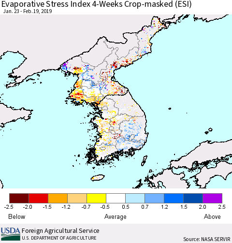 Korea Evaporative Stress Index (ESI), 4-Weeks over Croplands Thematic Map For 2/18/2019 - 2/24/2019