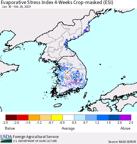Korea Evaporative Stress Index (ESI), 4-Weeks over Croplands Thematic Map For 2/25/2019 - 3/3/2019