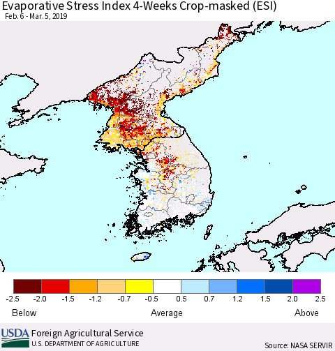 Korea Evaporative Stress Index (ESI), 4-Weeks over Croplands Thematic Map For 3/4/2019 - 3/10/2019