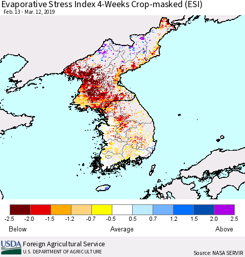 Korea Evaporative Stress Index (ESI), 4-Weeks over Croplands Thematic Map For 3/11/2019 - 3/17/2019