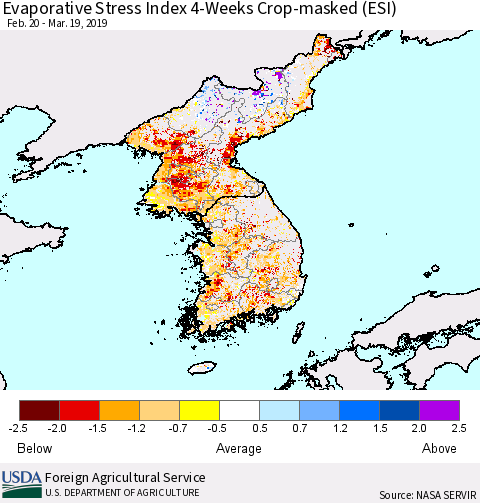 Korea Evaporative Stress Index (ESI), 4-Weeks over Croplands Thematic Map For 3/18/2019 - 3/24/2019