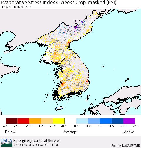 Korea Evaporative Stress Index (ESI), 4-Weeks over Croplands Thematic Map For 3/25/2019 - 3/31/2019