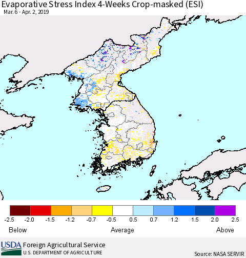 Korea Evaporative Stress Index (ESI), 4-Weeks over Croplands Thematic Map For 4/1/2019 - 4/7/2019
