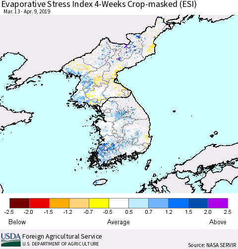 Korea Evaporative Stress Index (ESI), 4-Weeks over Croplands Thematic Map For 4/8/2019 - 4/14/2019