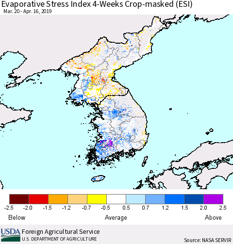 Korea Evaporative Stress Index (ESI), 4-Weeks over Croplands Thematic Map For 4/15/2019 - 4/21/2019