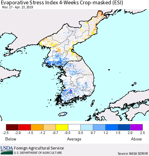 Korea Evaporative Stress Index (ESI), 4-Weeks over Croplands Thematic Map For 4/22/2019 - 4/28/2019