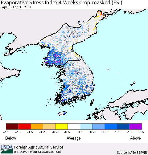 Korea Evaporative Stress Index (ESI), 4-Weeks over Croplands Thematic Map For 4/29/2019 - 5/5/2019
