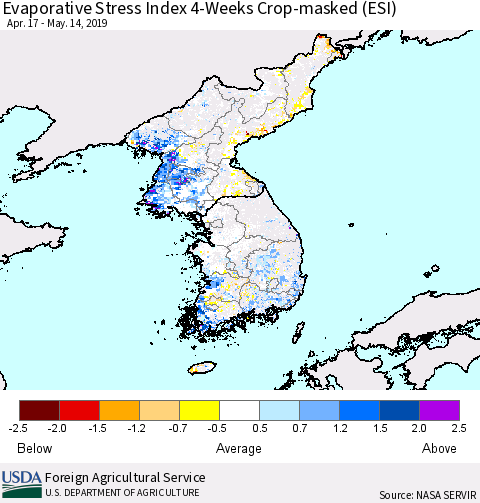 Korea Evaporative Stress Index (ESI), 4-Weeks over Croplands Thematic Map For 5/13/2019 - 5/19/2019