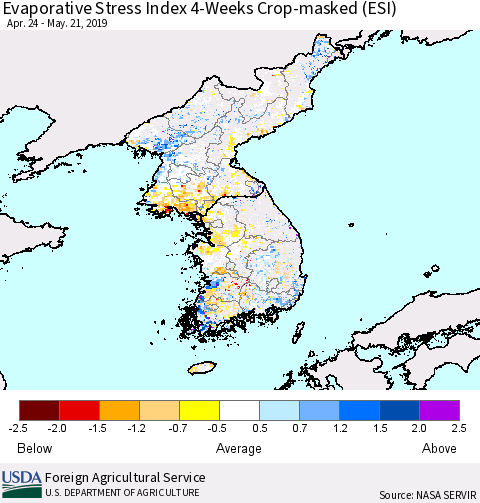 Korea Evaporative Stress Index (ESI), 4-Weeks over Croplands Thematic Map For 5/20/2019 - 5/26/2019