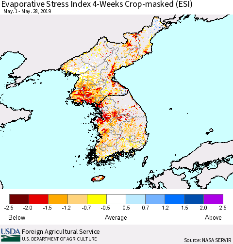 Korea Evaporative Stress Index (ESI), 4-Weeks over Croplands Thematic Map For 5/27/2019 - 6/2/2019