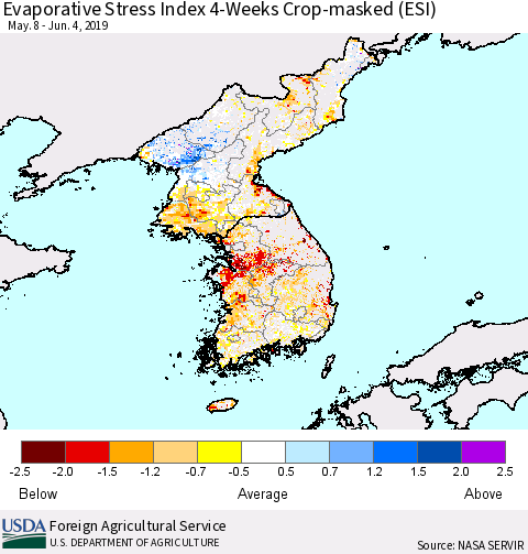 Korea Evaporative Stress Index (ESI), 4-Weeks over Croplands Thematic Map For 6/3/2019 - 6/9/2019