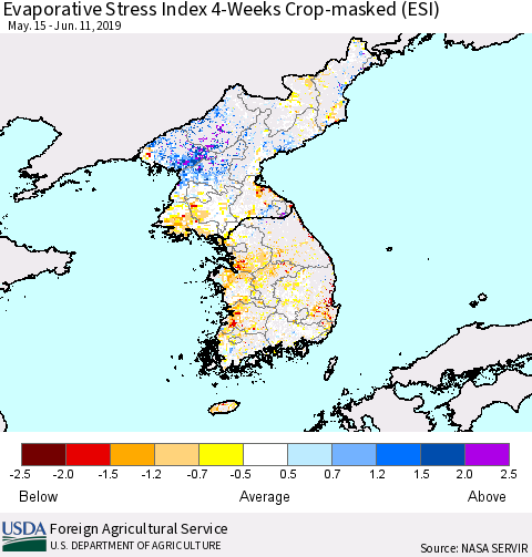 Korea Evaporative Stress Index (ESI), 4-Weeks over Croplands Thematic Map For 6/10/2019 - 6/16/2019