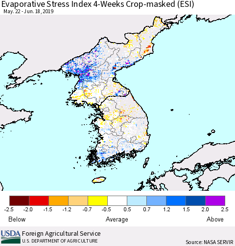 Korea Evaporative Stress Index (ESI), 4-Weeks over Croplands Thematic Map For 6/17/2019 - 6/23/2019