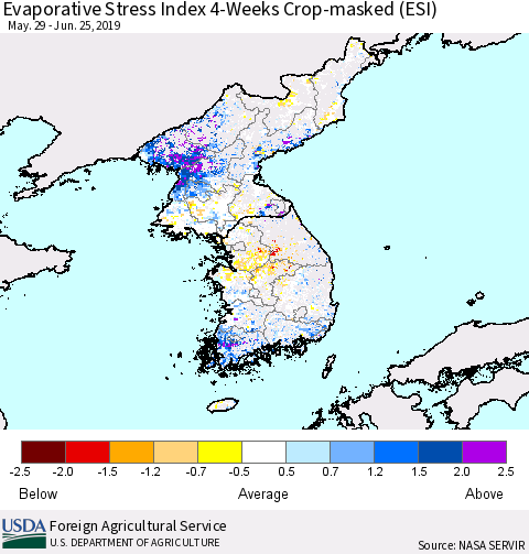 Korea Evaporative Stress Index (ESI), 4-Weeks over Croplands Thematic Map For 6/24/2019 - 6/30/2019