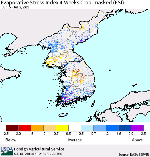 Korea Evaporative Stress Index (ESI), 4-Weeks over Croplands Thematic Map For 7/1/2019 - 7/7/2019