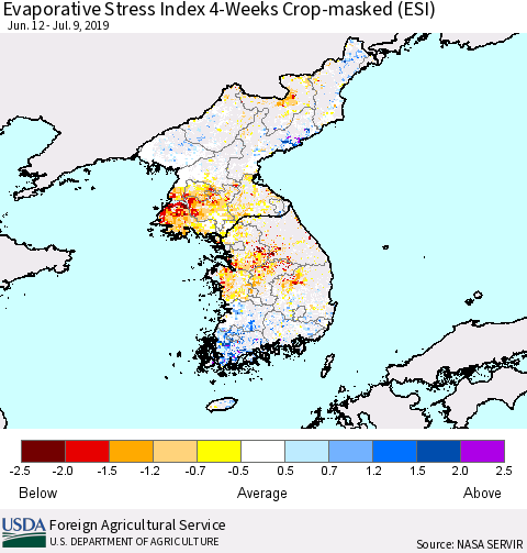 Korea Evaporative Stress Index (ESI), 4-Weeks over Croplands Thematic Map For 7/8/2019 - 7/14/2019