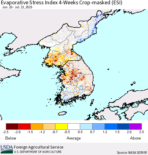Korea Evaporative Stress Index (ESI), 4-Weeks over Croplands Thematic Map For 7/22/2019 - 7/28/2019