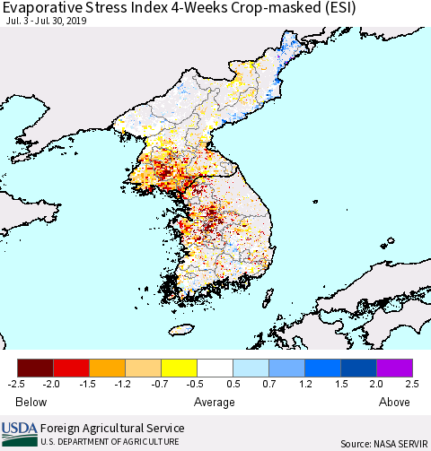 Korea Evaporative Stress Index (ESI), 4-Weeks over Croplands Thematic Map For 7/29/2019 - 8/4/2019