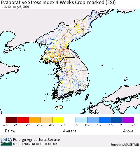 Korea Evaporative Stress Index (ESI), 4-Weeks over Croplands Thematic Map For 8/5/2019 - 8/11/2019