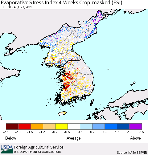 Korea Evaporative Stress Index (ESI), 4-Weeks over Croplands Thematic Map For 8/26/2019 - 9/1/2019