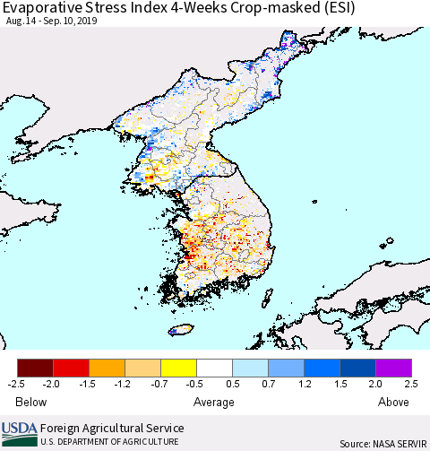 Korea Evaporative Stress Index (ESI), 4-Weeks over Croplands Thematic Map For 9/9/2019 - 9/15/2019