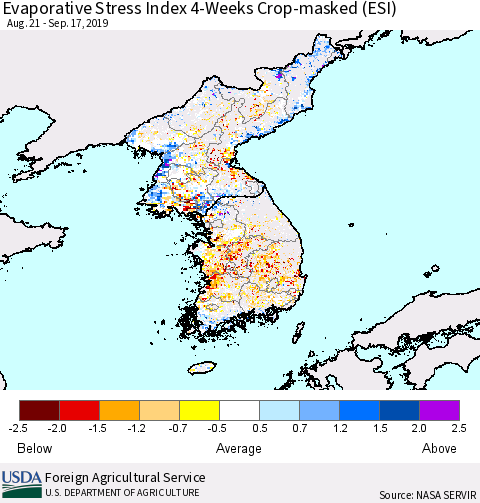 Korea Evaporative Stress Index (ESI), 4-Weeks over Croplands Thematic Map For 9/16/2019 - 9/22/2019