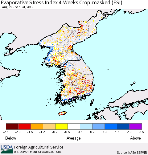 Korea Evaporative Stress Index (ESI), 4-Weeks over Croplands Thematic Map For 9/23/2019 - 9/29/2019