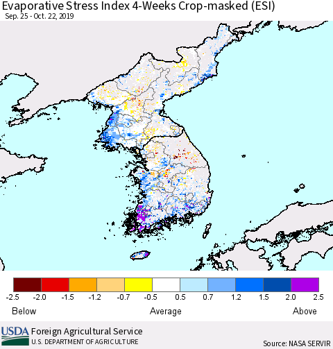 Korea Evaporative Stress Index (ESI), 4-Weeks over Croplands Thematic Map For 10/21/2019 - 10/27/2019