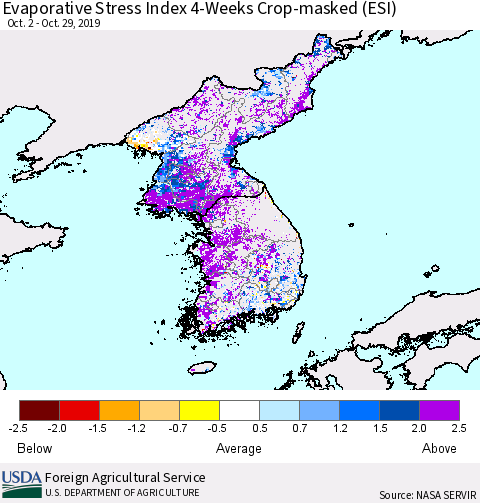 Korea Evaporative Stress Index (ESI), 4-Weeks over Croplands Thematic Map For 10/28/2019 - 11/3/2019