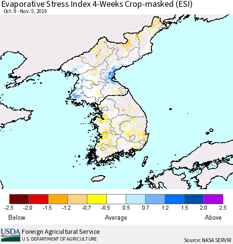 Korea Evaporative Stress Index (ESI), 4-Weeks over Croplands Thematic Map For 11/4/2019 - 11/10/2019