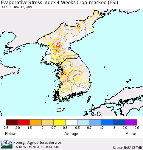 Korea Evaporative Stress Index (ESI), 4-Weeks over Croplands Thematic Map For 11/11/2019 - 11/17/2019