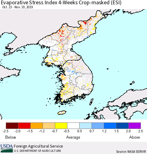 Korea Evaporative Stress Index (ESI), 4-Weeks over Croplands Thematic Map For 11/18/2019 - 11/24/2019