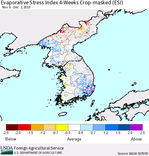 Korea Evaporative Stress Index (ESI), 4-Weeks over Croplands Thematic Map For 12/2/2019 - 12/8/2019