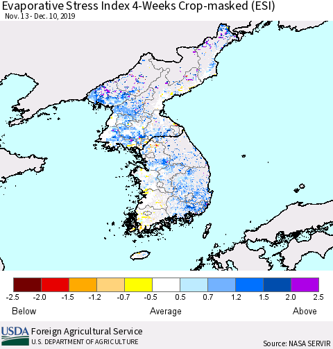 Korea Evaporative Stress Index (ESI), 4-Weeks over Croplands Thematic Map For 12/9/2019 - 12/15/2019