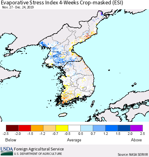 Korea Evaporative Stress Index (ESI), 4-Weeks over Croplands Thematic Map For 12/23/2019 - 12/29/2019
