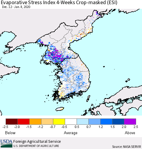 Korea Evaporative Stress Index (ESI), 4-Weeks over Croplands Thematic Map For 1/6/2020 - 1/12/2020