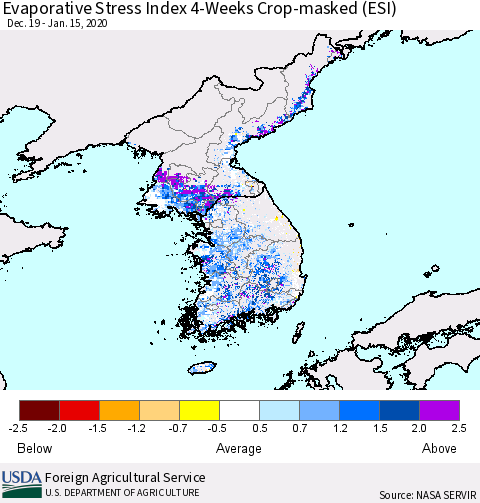 Korea Evaporative Stress Index (ESI), 4-Weeks over Croplands Thematic Map For 1/13/2020 - 1/19/2020