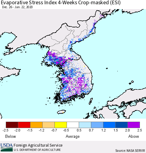 Korea Evaporative Stress Index (ESI), 4-Weeks over Croplands Thematic Map For 1/20/2020 - 1/26/2020