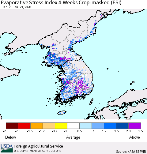 Korea Evaporative Stress Index (ESI), 4-Weeks over Croplands Thematic Map For 1/27/2020 - 2/2/2020