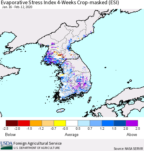 Korea Evaporative Stress Index (ESI), 4-Weeks over Croplands Thematic Map For 2/10/2020 - 2/16/2020