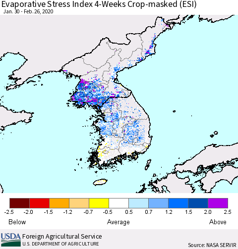 Korea Evaporative Stress Index (ESI), 4-Weeks over Croplands Thematic Map For 2/24/2020 - 3/1/2020