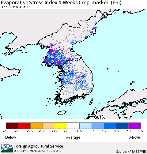 Korea Evaporative Stress Index (ESI), 4-Weeks over Croplands Thematic Map For 3/2/2020 - 3/8/2020