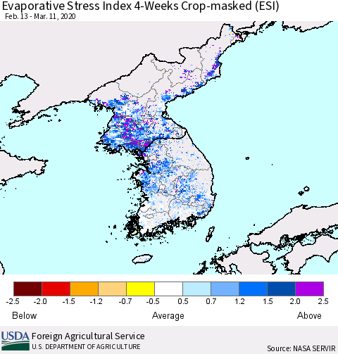 Korea Evaporative Stress Index (ESI), 4-Weeks over Croplands Thematic Map For 3/9/2020 - 3/15/2020