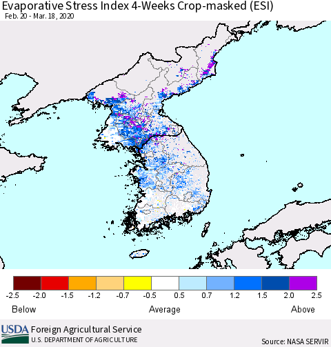 Korea Evaporative Stress Index (ESI), 4-Weeks over Croplands Thematic Map For 3/16/2020 - 3/22/2020