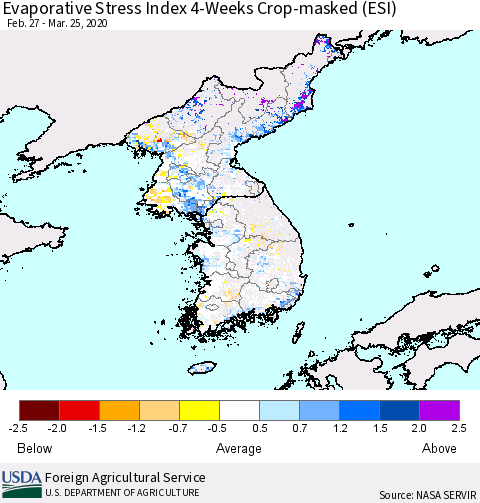 Korea Evaporative Stress Index (ESI), 4-Weeks over Croplands Thematic Map For 3/23/2020 - 3/29/2020
