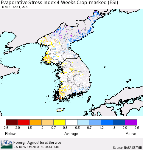 Korea Evaporative Stress Index (ESI), 4-Weeks over Croplands Thematic Map For 3/30/2020 - 4/5/2020