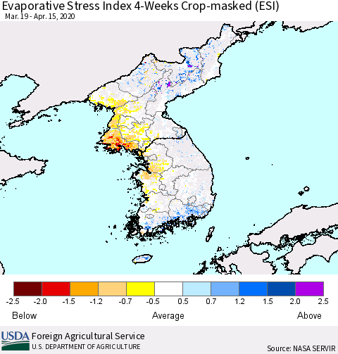 Korea Evaporative Stress Index (ESI), 4-Weeks over Croplands Thematic Map For 4/13/2020 - 4/19/2020