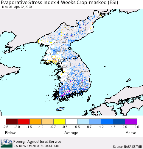 Korea Evaporative Stress Index (ESI), 4-Weeks over Croplands Thematic Map For 4/20/2020 - 4/26/2020
