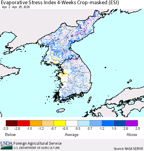 Korea Evaporative Stress Index (ESI), 4-Weeks over Croplands Thematic Map For 4/27/2020 - 5/3/2020